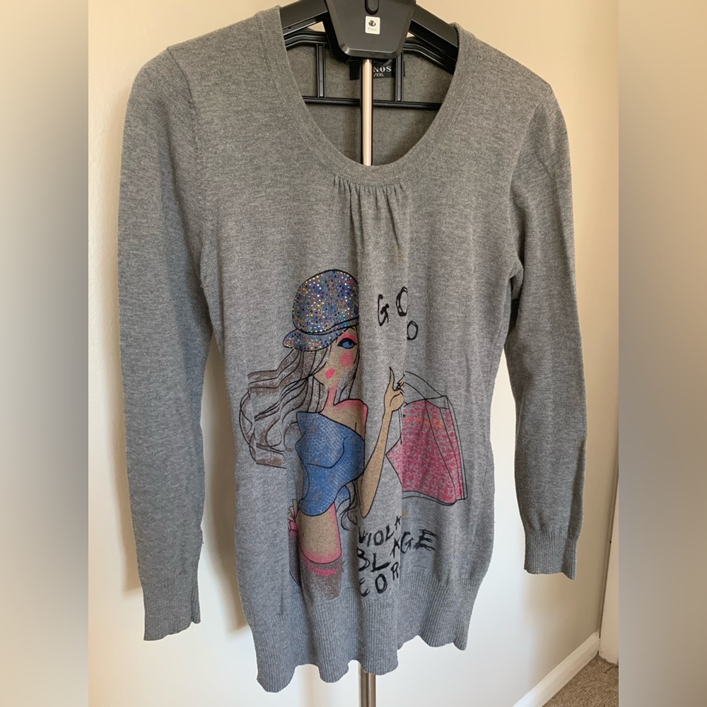 CONOS Gray Knit Graphic Pullover Sweater Round Neck Women's L